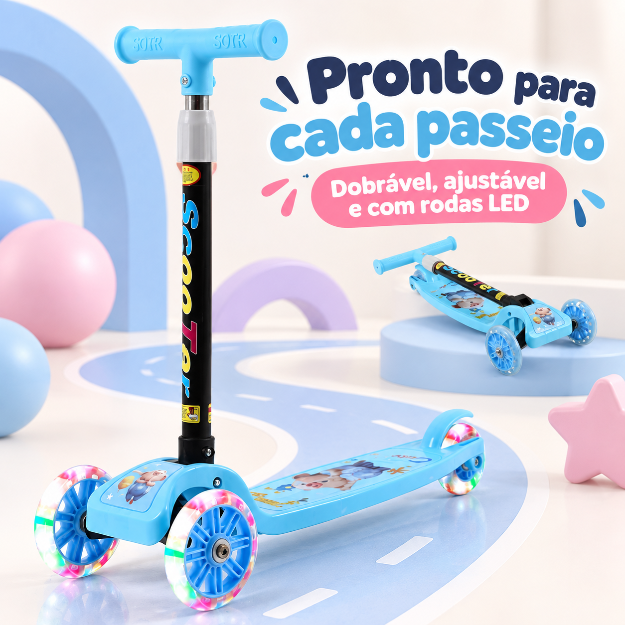 Patinete infantil dobrável azul com rodas LED