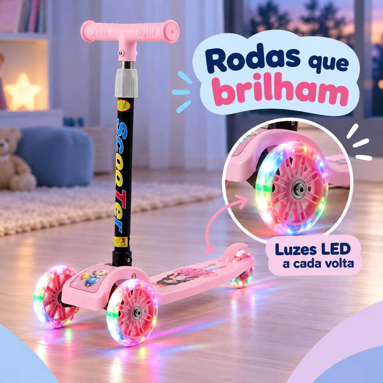 Patinete infantil rosa com rodas LED acesas