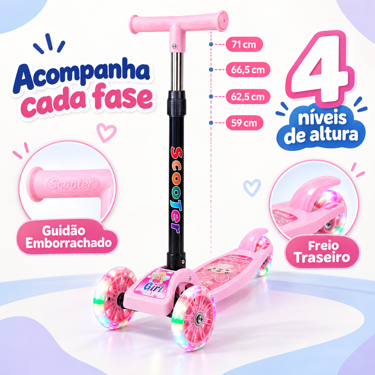 Patinete infantil rosa com quatro alturas ajustáveis