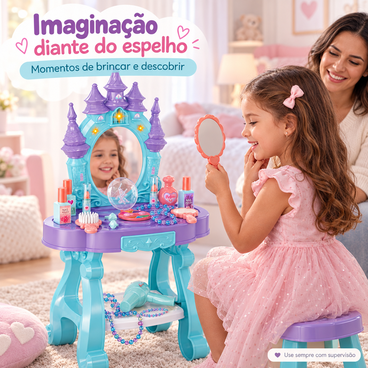 Penteadeira infantil castelo em situação real de brincadeira