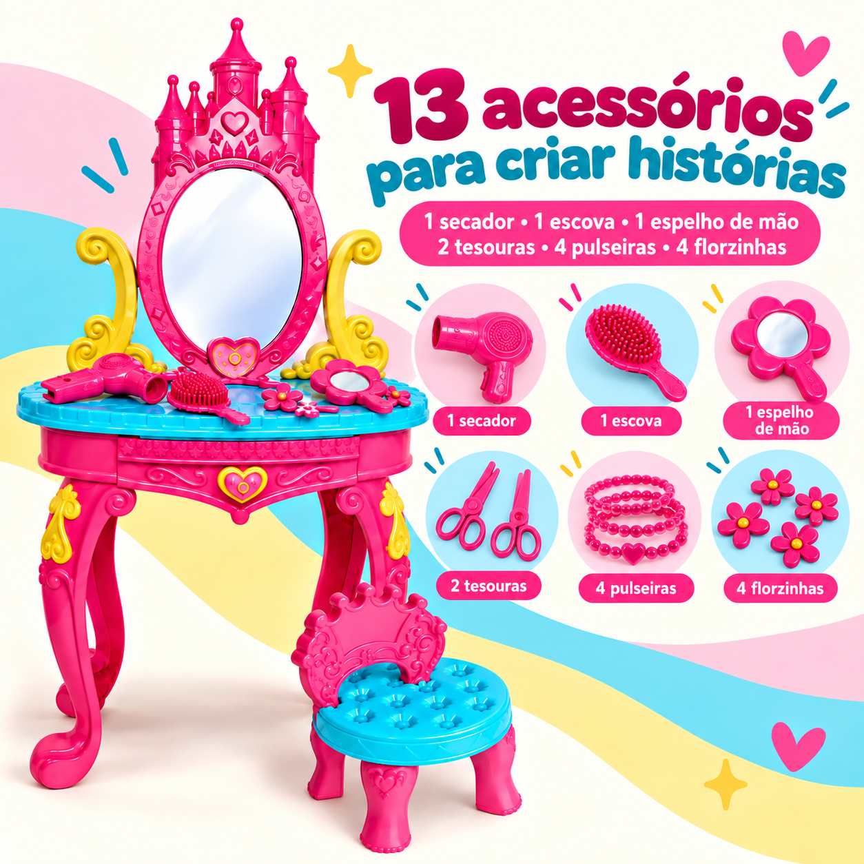 Penteadeira infantil com 13 acessórios inclusos