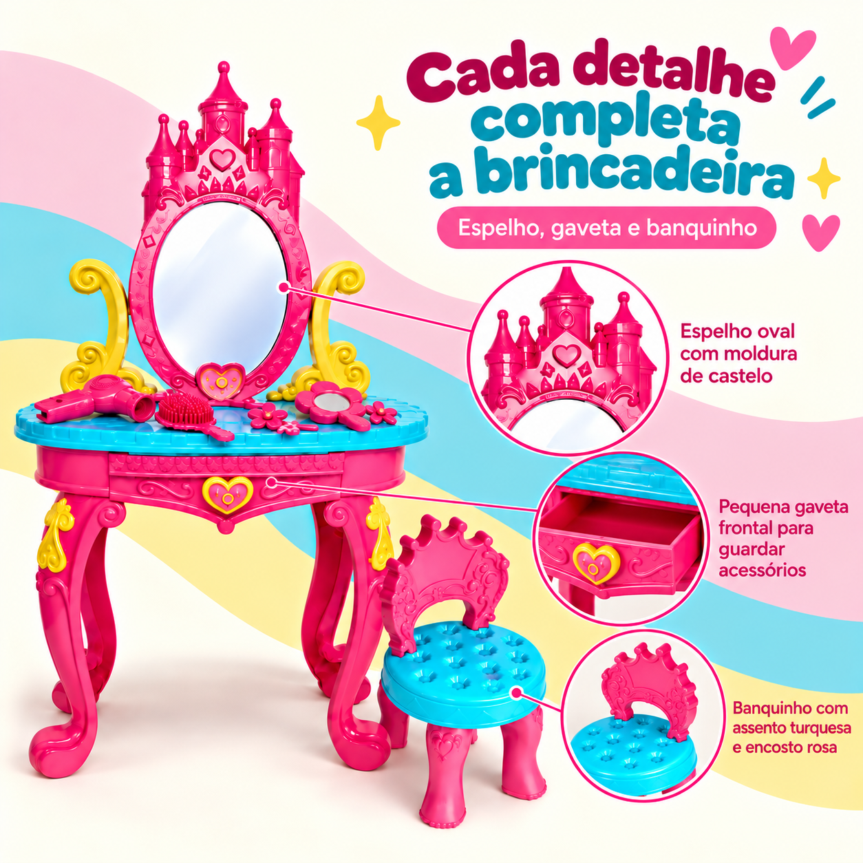 Espelho gaveta e banquinho da penteadeira infantil