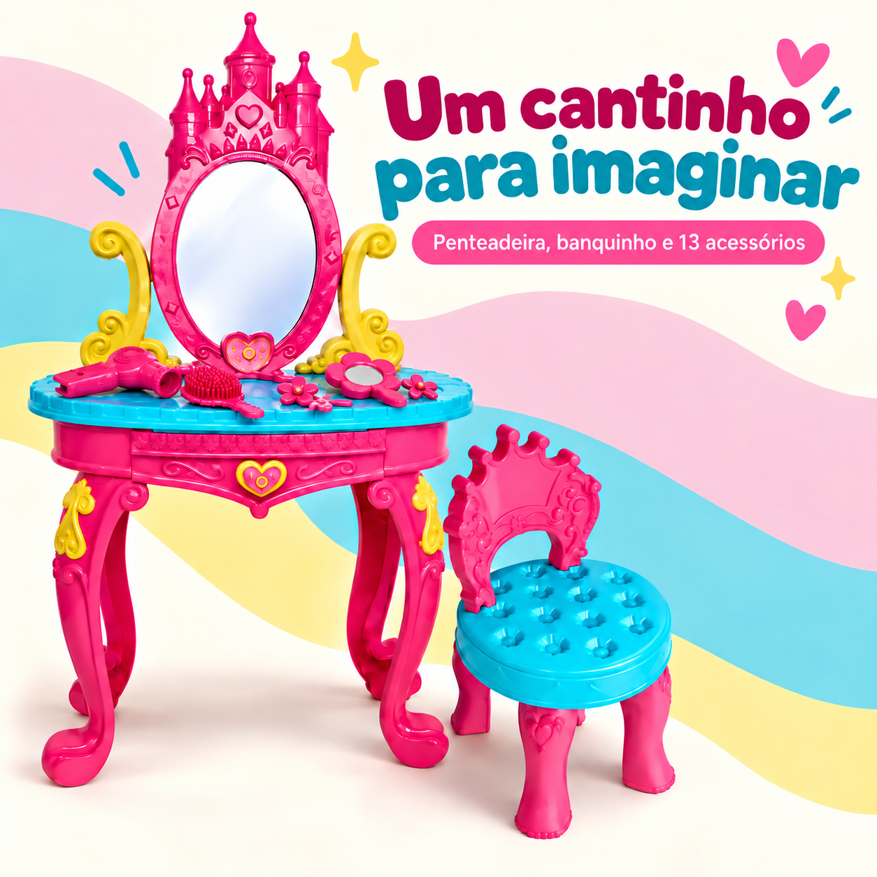 Penteadeira infantil princesa Homeplay com banquinho