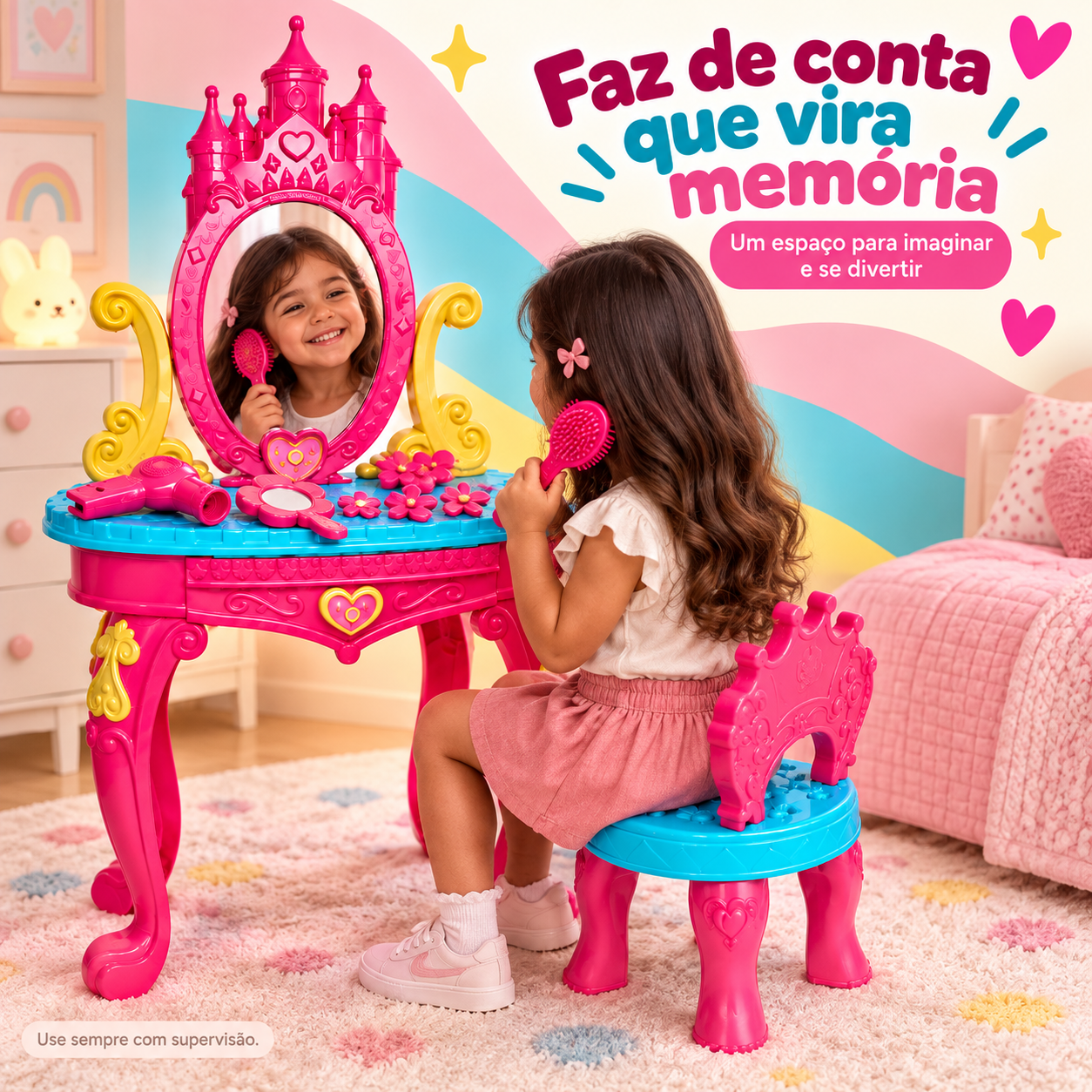 Criança brincando com penteadeira infantil princesa