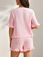 Pijama Gestante de Algodão Blusa com Laço e Shorts com Babado - Rosa