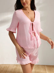 Pijama Gestante de Algodão Blusa com Laço e Shorts com Babado - Rosa