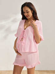 Pijama Gestante de Algodão Blusa com Laço e Shorts com Babado - Rosa