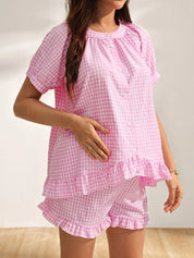 Pijama Gestante Xadrez Vichy Blusa Manga Bufante com Botões e Shorts com Babado - Rosa e branco