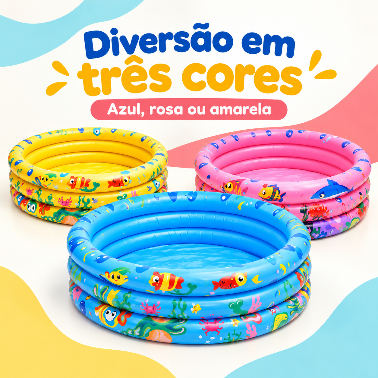 Piscina infantil inflável de 3 anéis nas cores azul, rosa e amarela