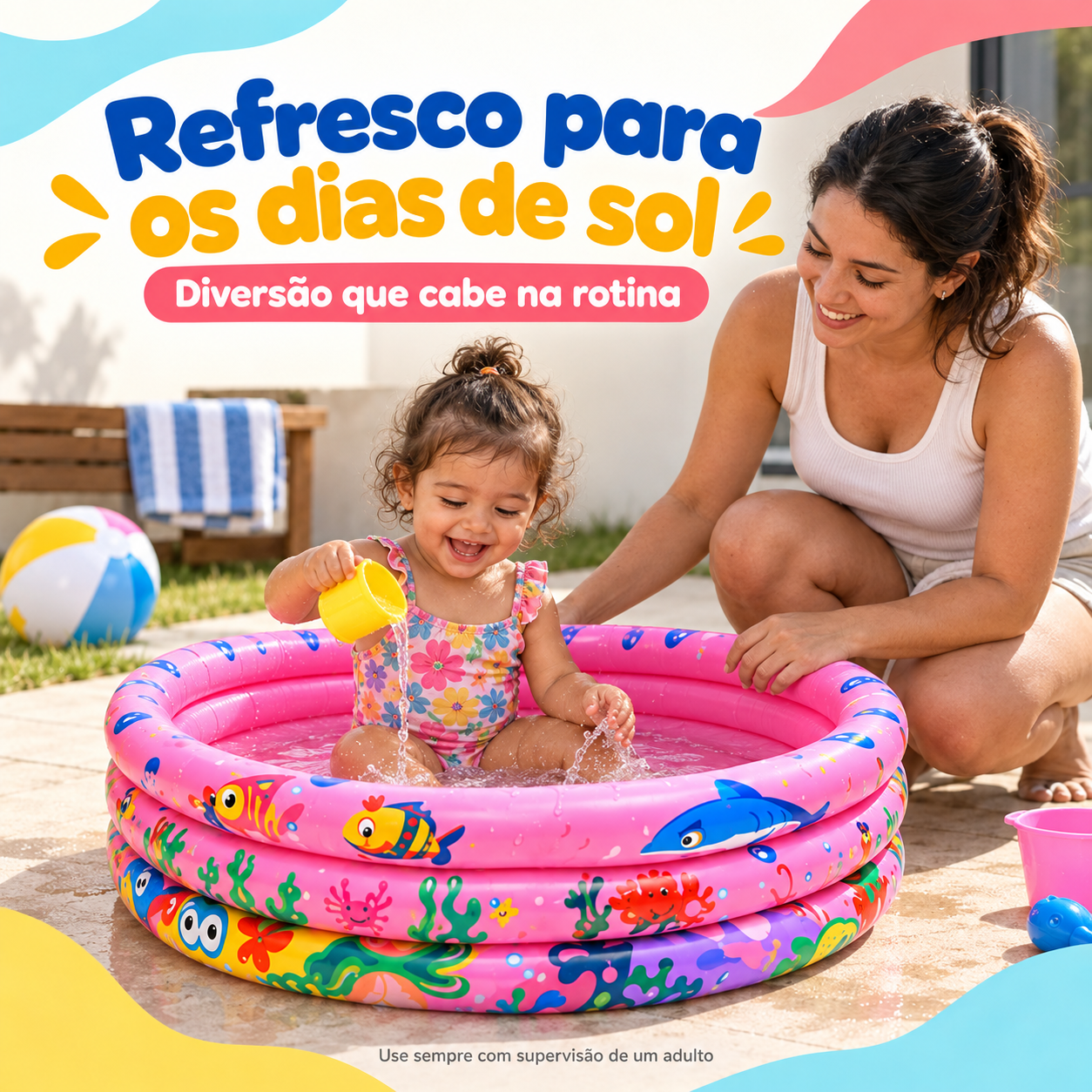 Criança usando piscina infantil rosa com supervisão
