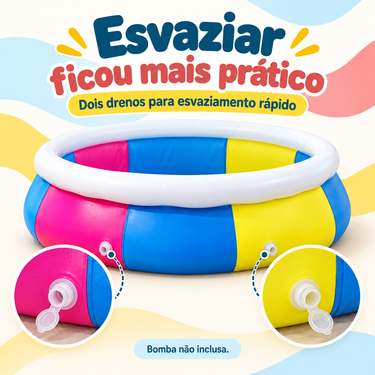 Dois drenos para esvaziamento da piscina inflável