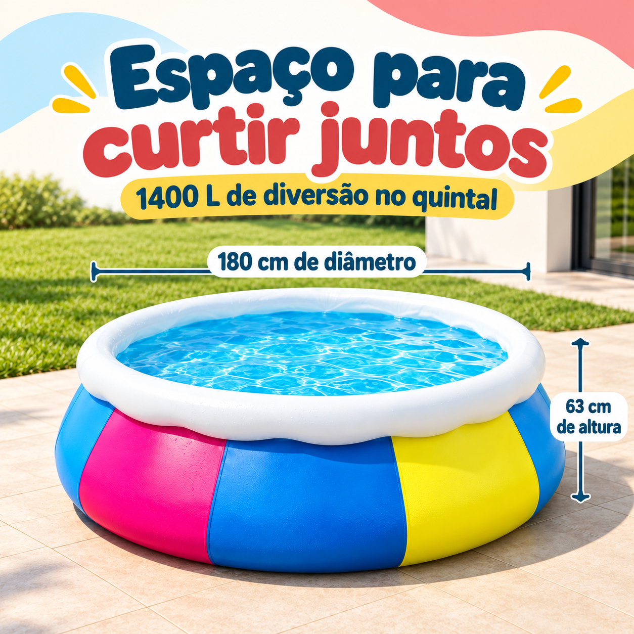 Piscina de 1400 litros com 180 cm de diâmetro e 63 cm de altura