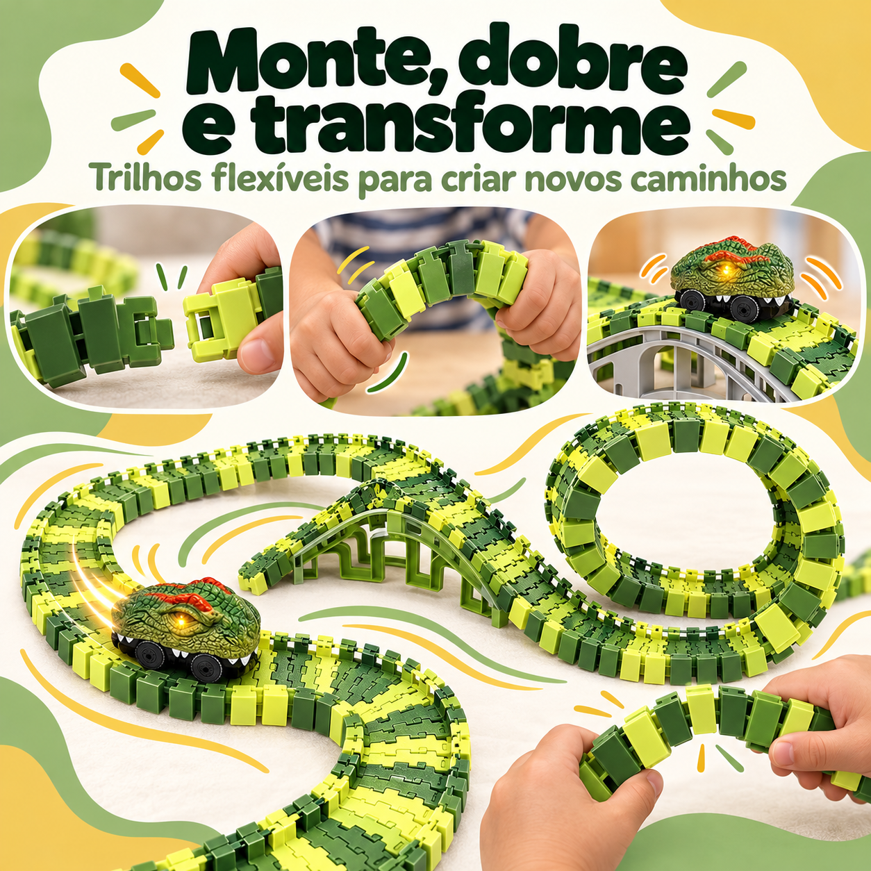 Trilhos flexíveis da pista de dinossauro montados em diferentes caminhos