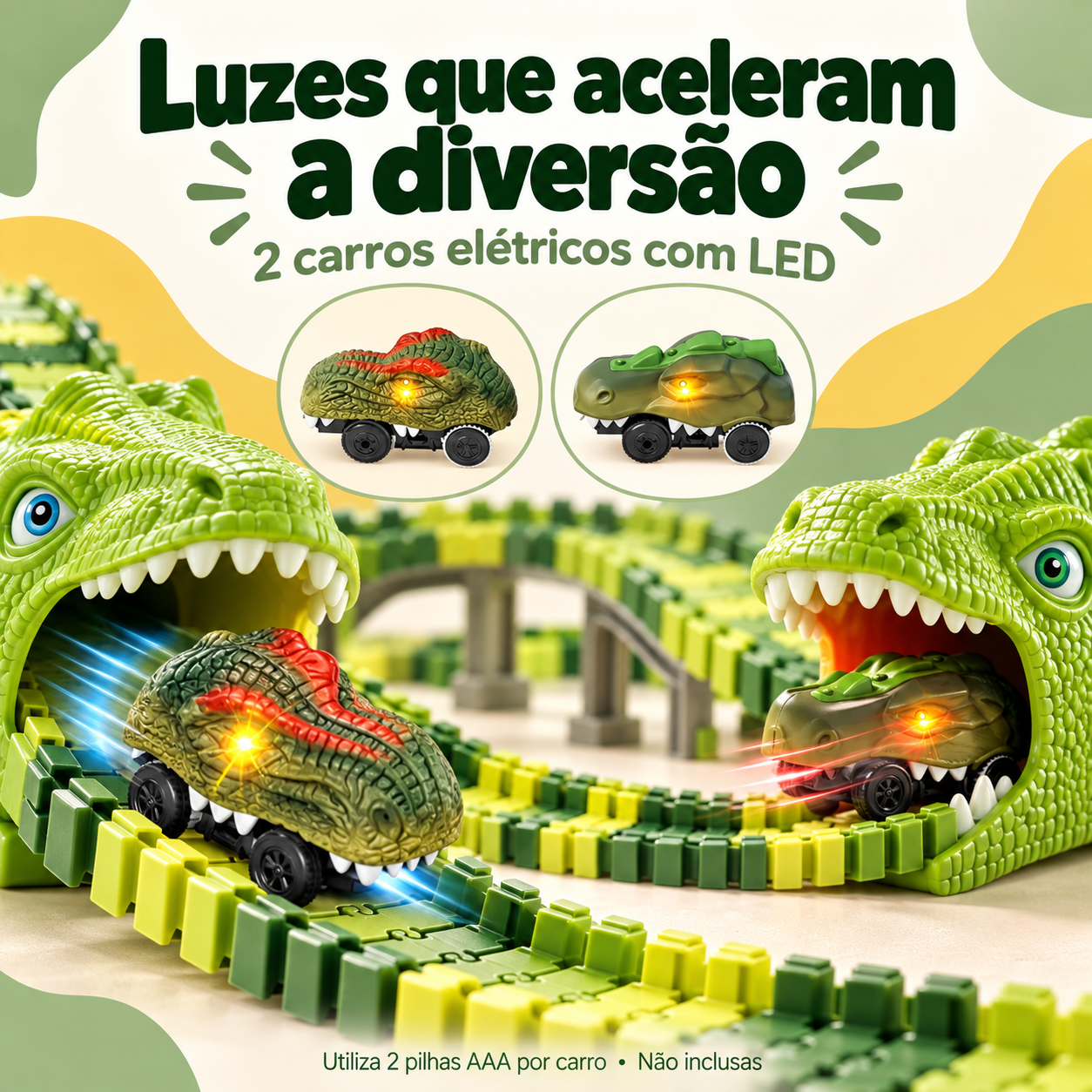 Dois carros elétricos de dinossauro com luzes LED percorrendo a pista