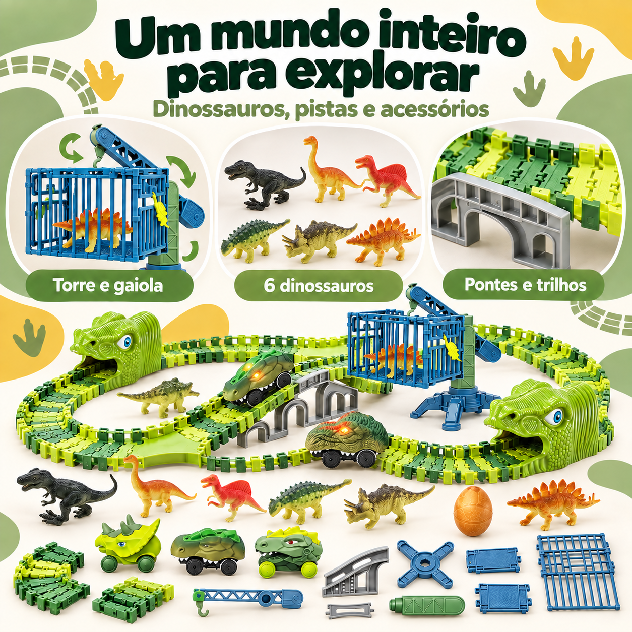Componentes do kit com dinossauros, torre, gaiola, pontes e trilhos