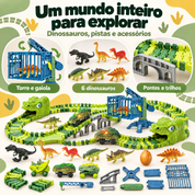 Componentes do kit com dinossauros, torre, gaiola, pontes e trilhos