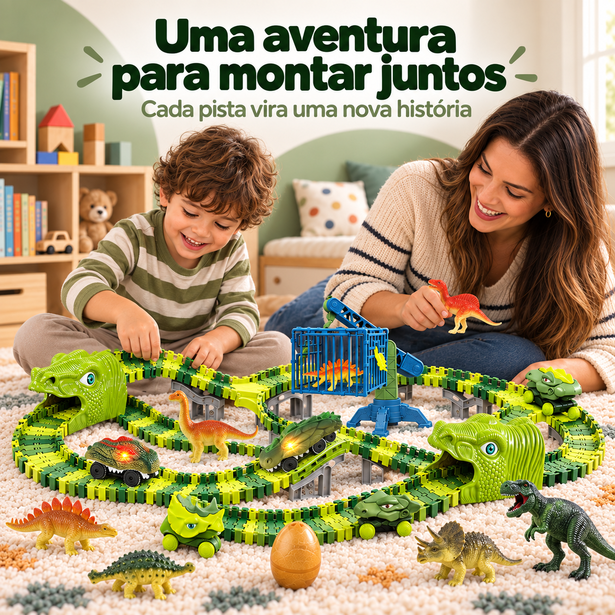 Mãe e criança montando juntas a pista de corrida temática dinossauro