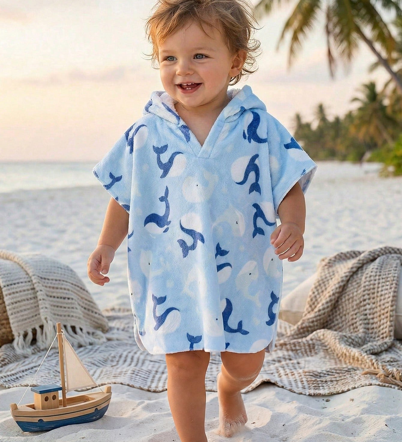 Poncho de Praia Infantil Menino com Capuz Baleia 004 Poncho Menino 01 Kabannas Azul 0-3 Meses 