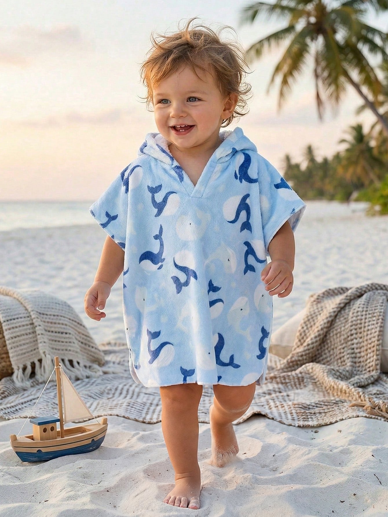 Poncho de Praia Infantil Menino com Capuz Baleia 004 Poncho Menino 01 Kabannas Azul 0-3 Meses 