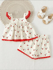 Conjunto 2 Peças Bebê Menina Verão Top Folhos Decote Quadrado Floral e Shorts Renda