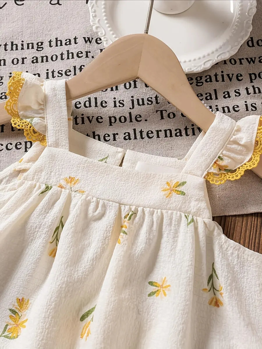 Conjunto 2 Peças Bebê Menina Verão Top Folhos Decote Quadrado Floral e Shorts Renda