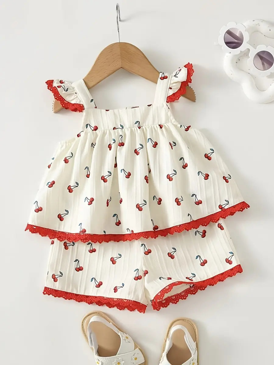 Conjunto 2 Peças Bebê Menina Verão Top Folhos Decote Quadrado Floral e Shorts Renda