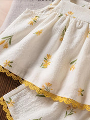 Conjunto 2 Peças Bebê Menina Verão Top Folhos Decote Quadrado Floral e Shorts Renda