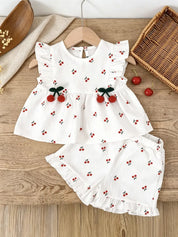 Conjunto 2 Peças Bebê Menina Blusa Manga Curta e Shorts Estampa de Cereja Babados e Enfeites 3D