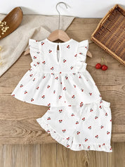 Conjunto 2 Peças Bebê Menina Blusa Manga Curta e Shorts Estampa de Cereja Babados e Enfeites 3D