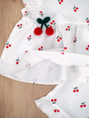 Conjunto 2 Peças Bebê Menina Blusa Manga Curta e Shorts Estampa de Cereja Babados e Enfeites 3D