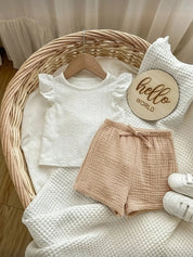 Conjunto 2 Peças Bebê Menina Blusa Bordada Manga Babado e Shorts Musselina