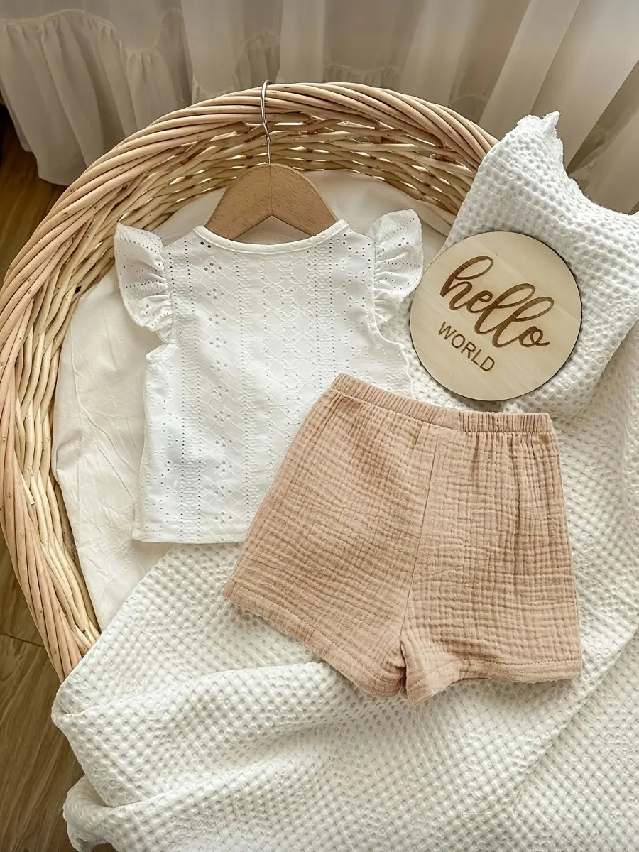 Conjunto 2 Peças Bebê Menina Blusa Bordada Manga Babado e Shorts Musselina