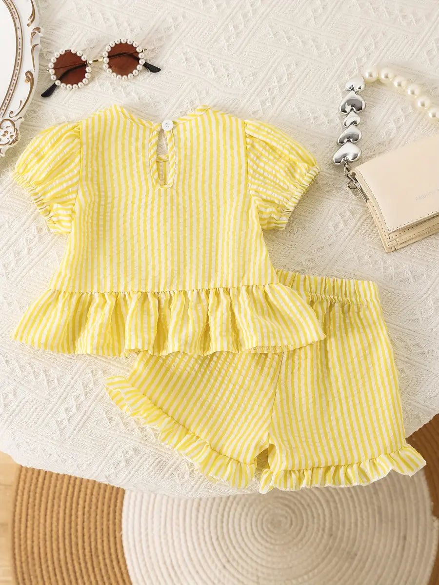 Conjunto 2 Peças Bebê Menina Blusa Listrada com Laços e Shorts Babado Seersucker