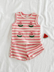 Conjunto 2 Peças Bebê Menina Blusa Regata e Shorts Listrado Waffle Bordado Melancia