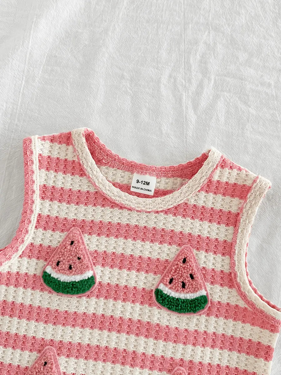 Conjunto 2 Peças Bebê Menina Blusa Regata e Shorts Listrado Waffle Bordado Melancia