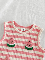 Conjunto 2 Peças Bebê Menina Blusa Regata e Shorts Listrado Waffle Bordado Melancia
