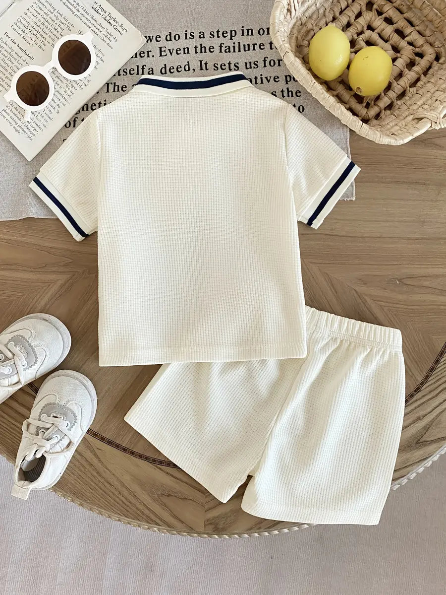 Conjunto 2 Peças Infantil Masculino Polo Manga Curta Malha Waffle Off-White Shorts Elástico