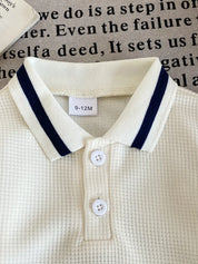 Conjunto 2 Peças Infantil Masculino Polo Manga Curta Malha Waffle Off-White Shorts Elástico