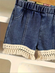 Conjunto 2 Peças Bebê Menina Top Canelado Sem Manga Flores em Crochê com Franja e Shorts Jeans com Barra de Macramê