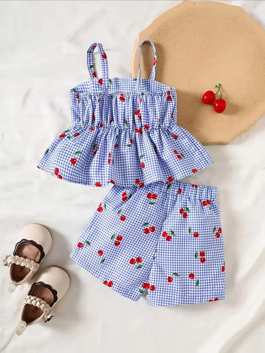 Conjunto 2 Peças Bebê Menina Blusa Regata e Shorts Xadrez Estampa de Cereja