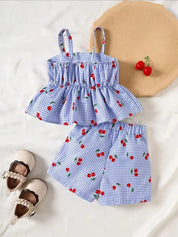 Conjunto 2 Peças Bebê Menina Blusa Regata e Shorts Xadrez Estampa de Cereja