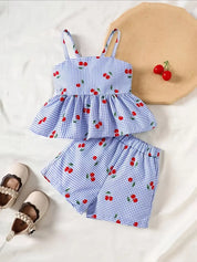 Conjunto 2 Peças Bebê Menina Blusa Regata e Shorts Xadrez Estampa de Cereja