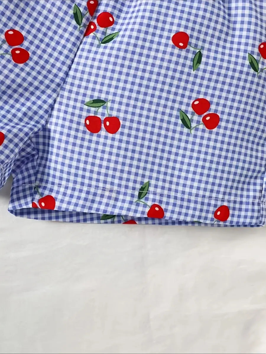 Conjunto 2 Peças Bebê Menina Blusa Regata e Shorts Xadrez Estampa de Cereja