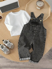 Conjunto 2 Peças Bebê Camiseta Manga Longa e Jardineira Jeans Casual