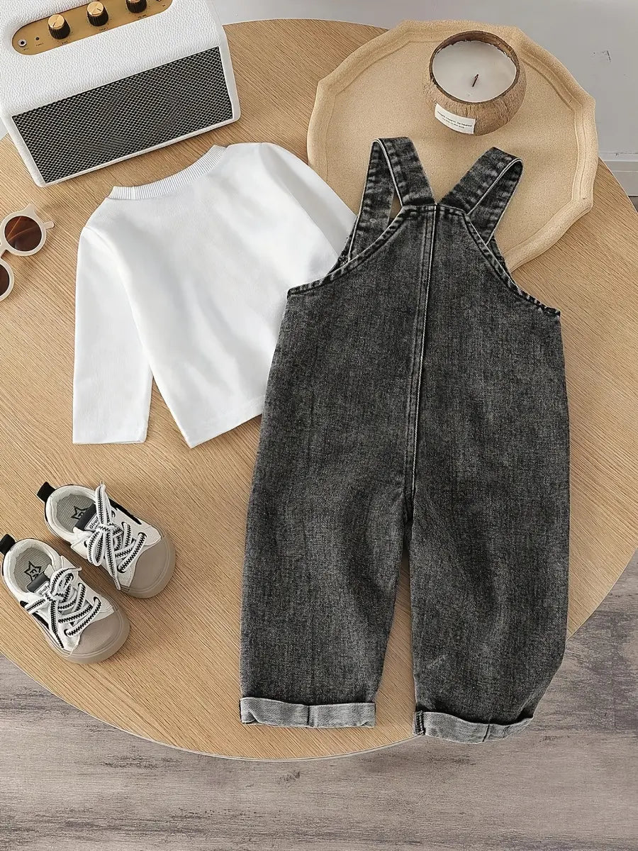 Conjunto 2 Peças Bebê Camiseta Manga Longa e Jardineira Jeans Casual