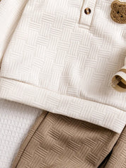 Conjunto 2 Peças Infantil Masculino Polo Jacquard Aplique Ursinho Calça Jogger Bege