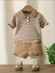 Conjunto 2 Peças Bebê Menino Polo Listrada Meia Botonagem Manga Curta e Shorts Waffle Casual Verão