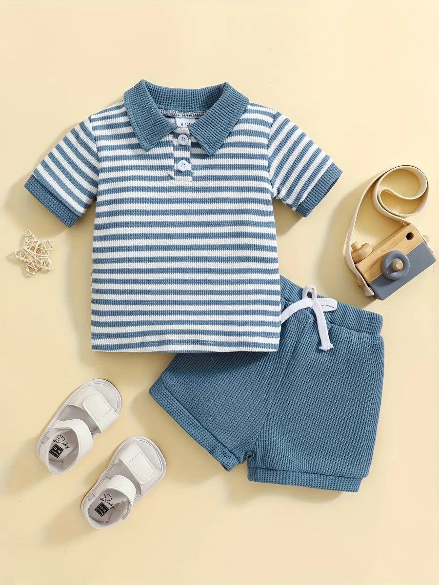 Conjunto 2 Peças Bebê Menino Polo Listrada Meia Botonagem Manga Curta e Shorts Waffle Casual Verão