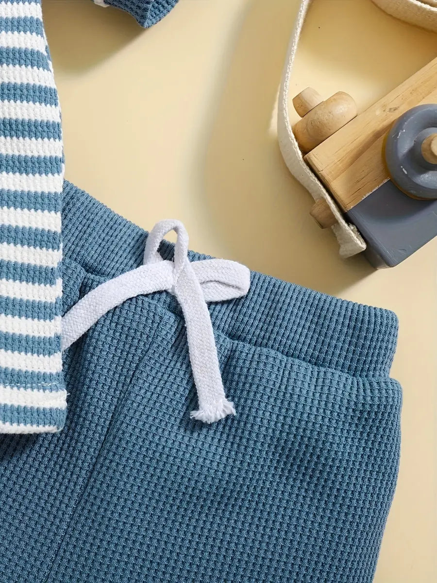 Conjunto 2 Peças Bebê Menino Polo Listrada Meia Botonagem Manga Curta e Shorts Waffle Casual Verão