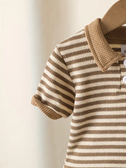 Conjunto 2 Peças Bebê Menino Polo Listrada Meia Botonagem Manga Curta e Shorts Waffle Casual Verão